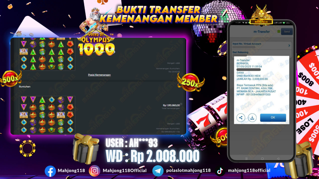 MAHJONG118 JACKPOT SLOT Gates of Olympus 1000 Rp 2.008.000,– LUNAS