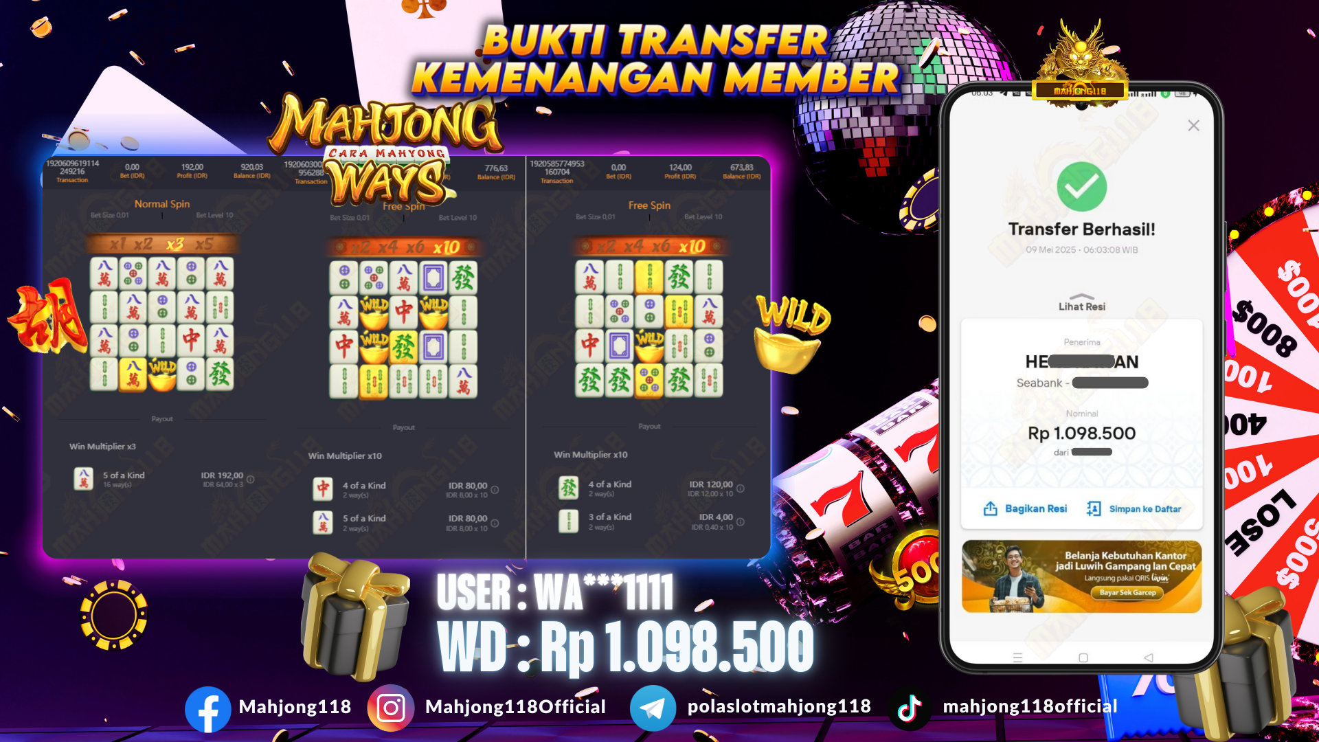 MAHJONG118 JACKPOT SLOT Mahjong Wins 2 Rp 1.098.500,– LUNAS