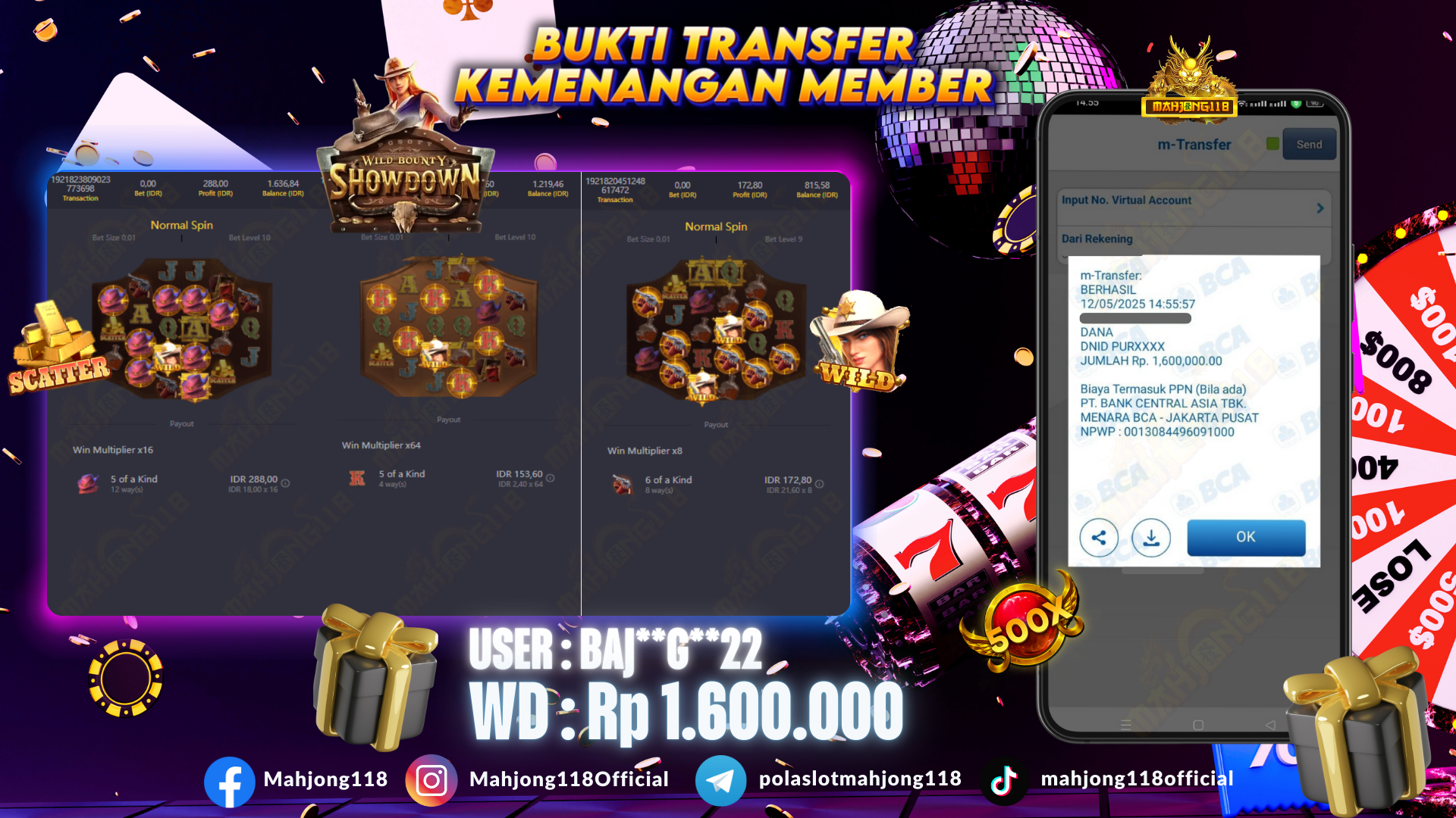 MAHJONG118 JACKPOT SLOT Wild Bounty Showdown  Rp 1.600.000,– LUNAS