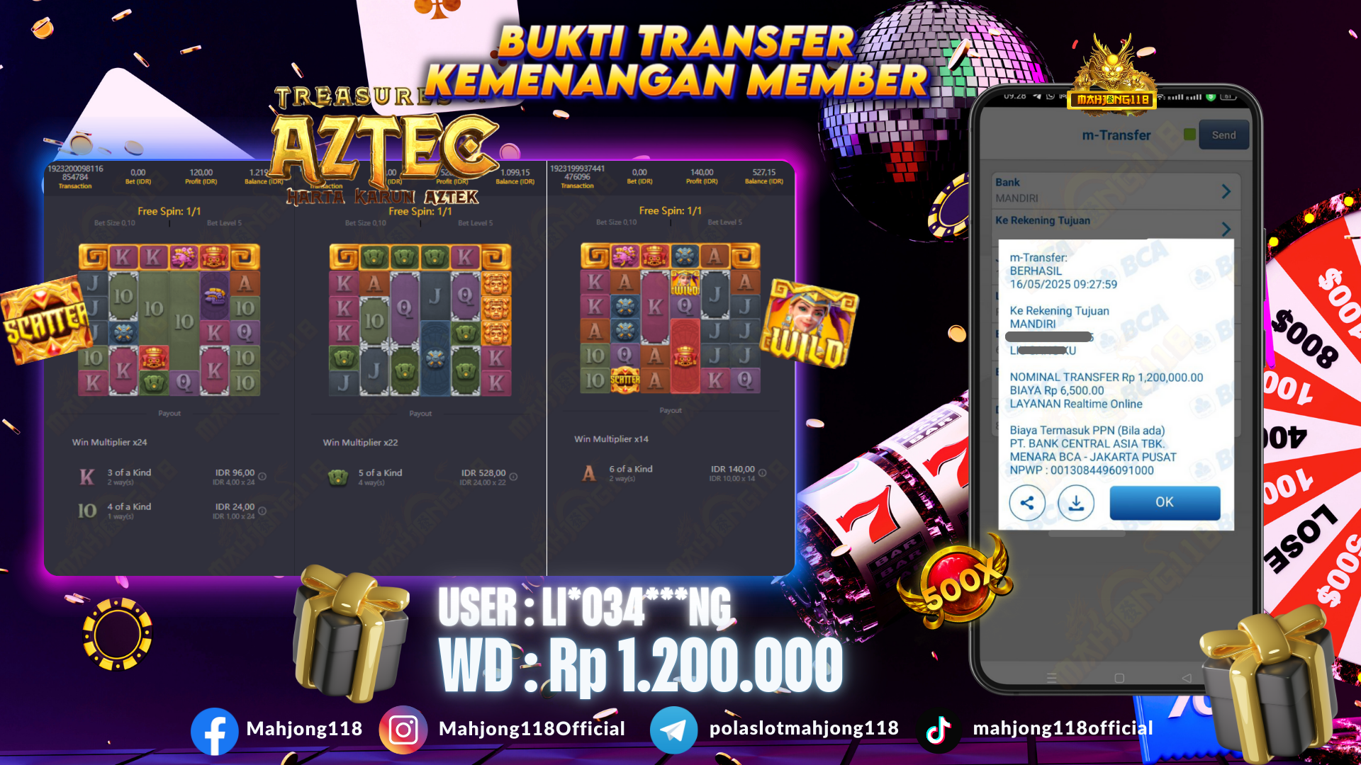 MAHJONG118 JACKPOT SLOT Treasures of Azte  Rp 1.200.000,– LUNAS