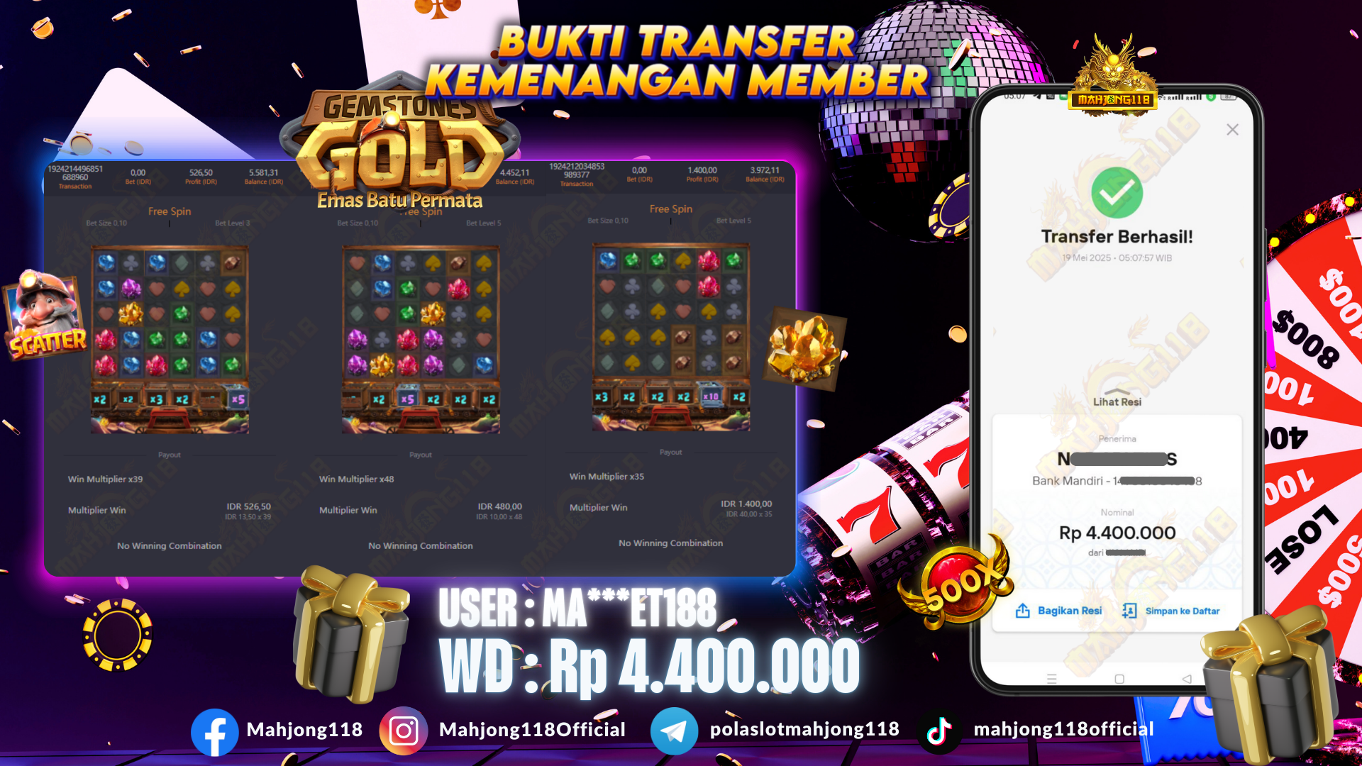 MAHJONG118 JACKPOT SLOT Gemstones Gold  Rp 4.400.000,– LUNAS