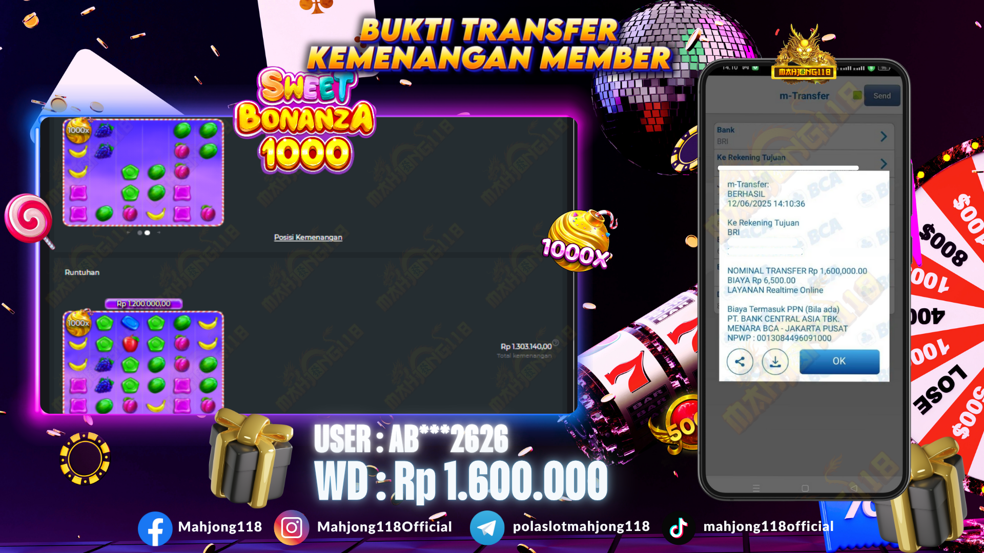 MAHJONG118 JACKPOT SLOT Sweet Bonanza 1000  Rp 1.600.000,– LUNAS
