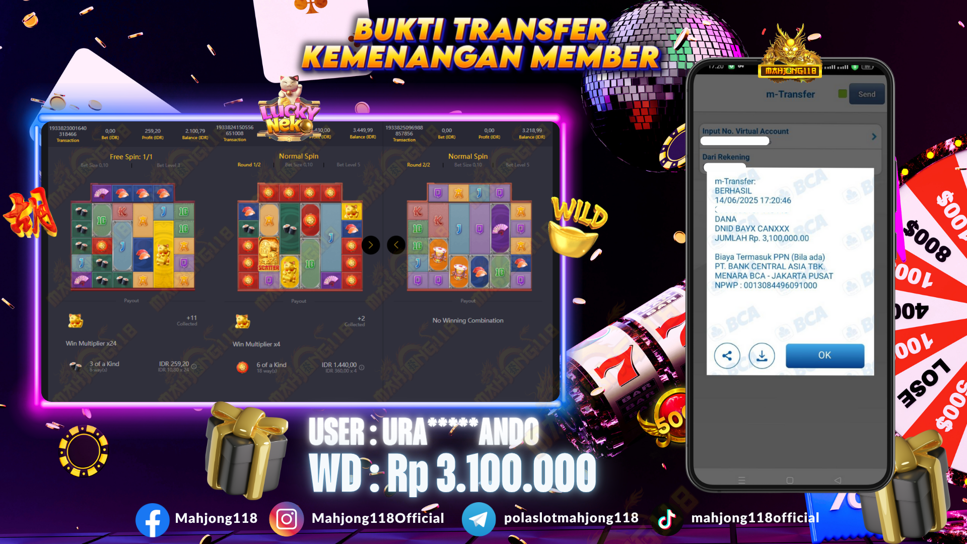 MAHJONG118 JACKPOT SLOT LUCKY NEKO  Rp 3.100.000,– LUNAS