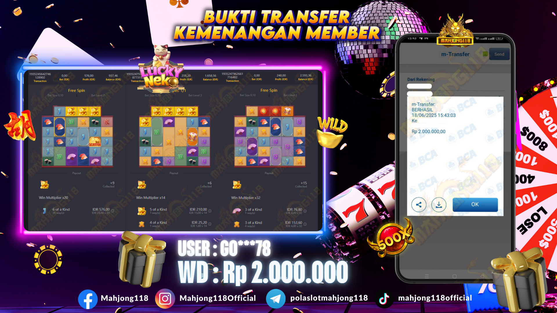 MAHJONG118 JACKPOT SLOT LUCKY NEKO  Rp 2.000.000,– LUNAS