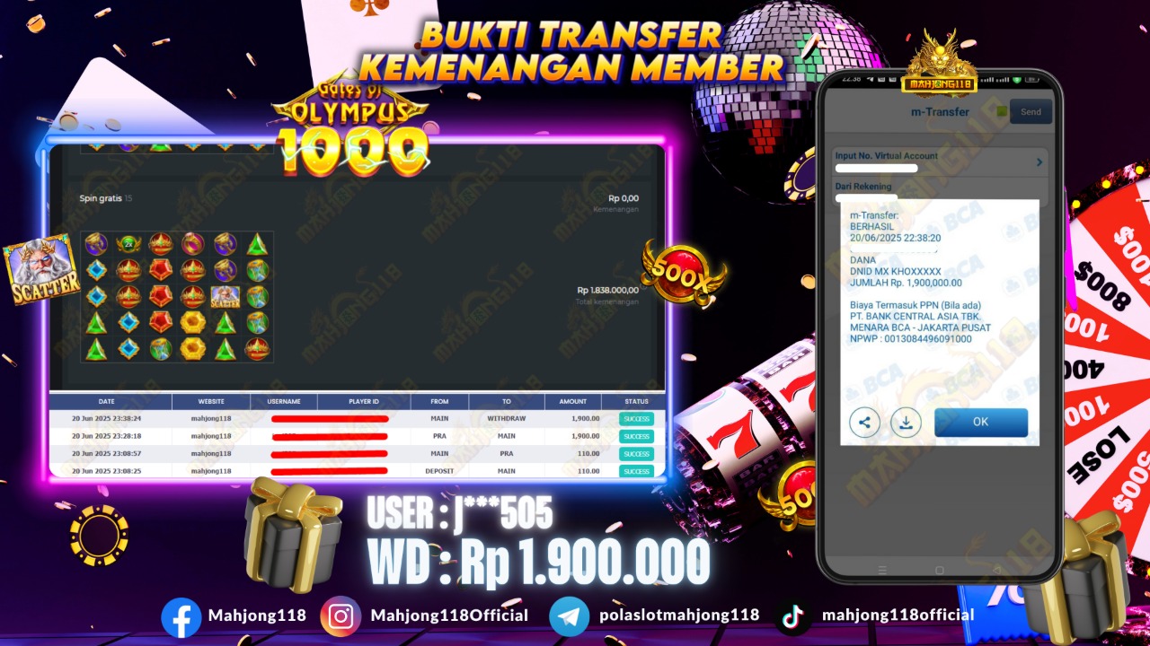 MAHJONG118 JACKPOT SLOT Gates of Olympus 1000 Rp 1.900.000,– LUNAS