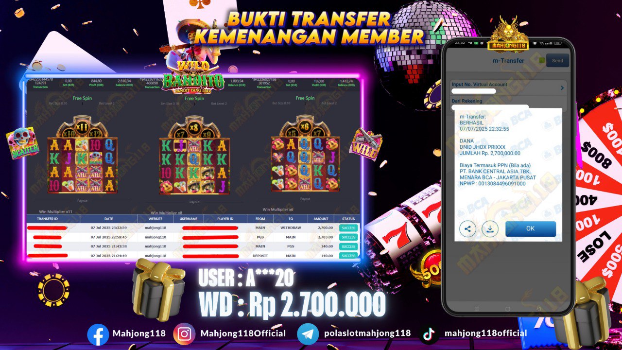 MAHJONG118 JACKPOT SLOT Wild Bandito  Rp 2.700.000,– LUNAS