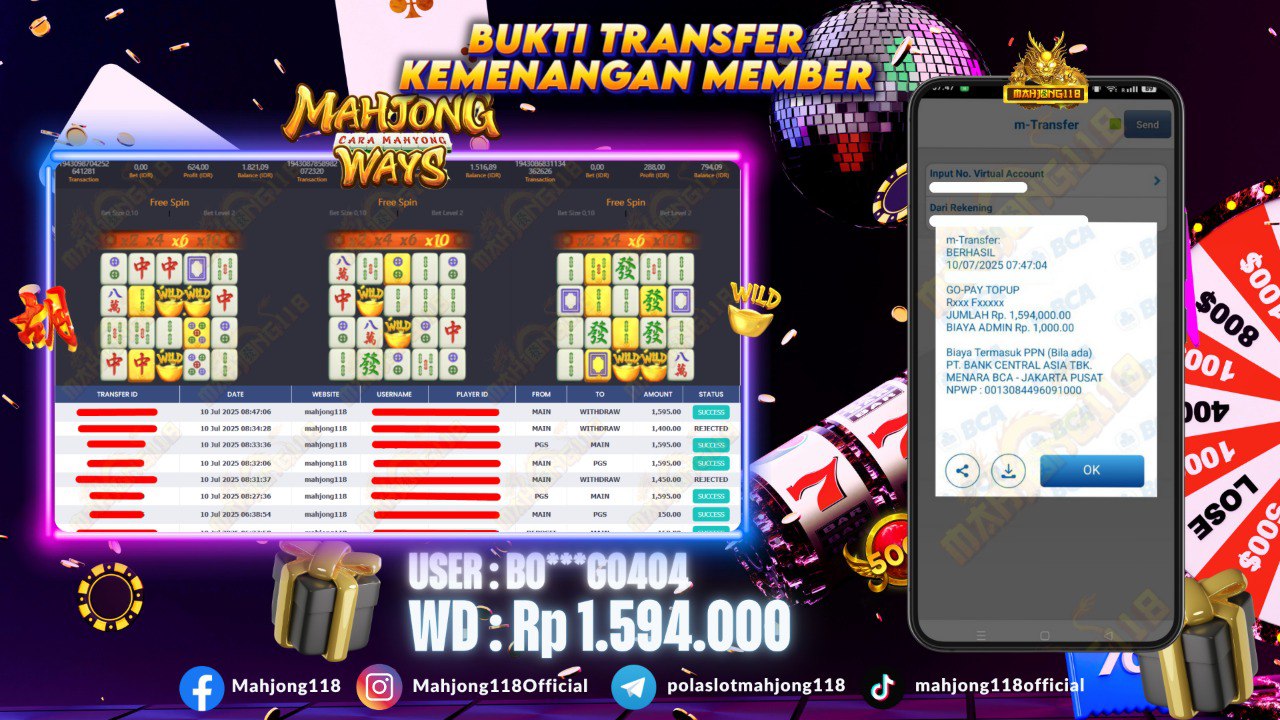 MAHJONG118 JACKPOT SLOT Mahjong Ways Rp 1.594.000,– LUNAS