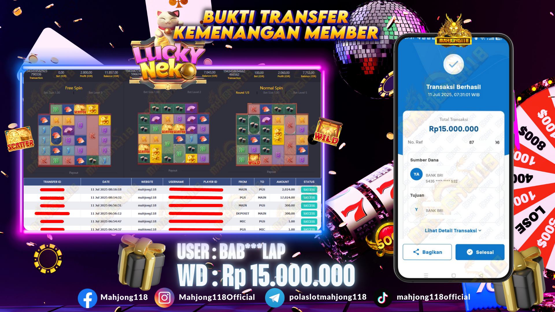 MAHJONG118 JACKPOT SLOT Lucky Neko Rp 15.000.000,– LUNAS