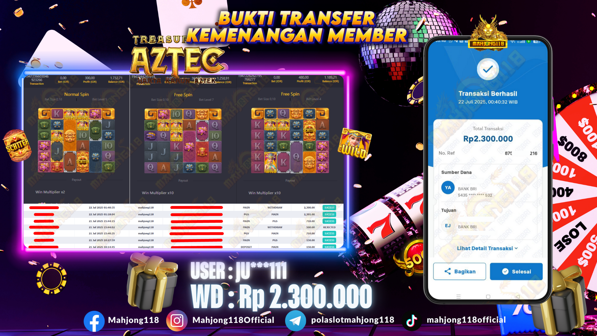 MAHJONG118 JACKPOT SLOT Treasures of Aztec Rp 2.300.000,– LUNAS