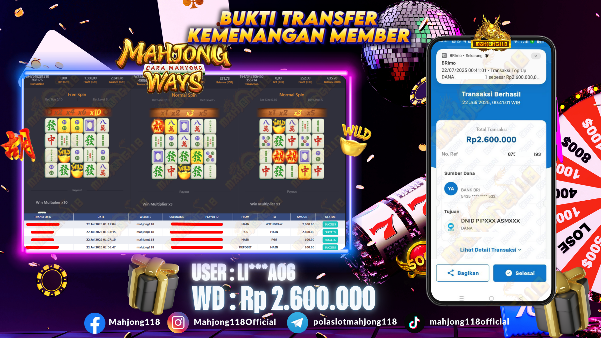 MAHJONG118 JACKPOT SLOT Mahjong Ways Rp 2.600.000,– LUNAS
