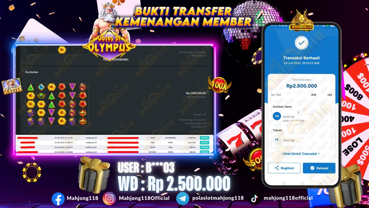 MAHJONG118 JACKPOT SLOT Gates of Olympus Rp 2.500.000,– LUNAS