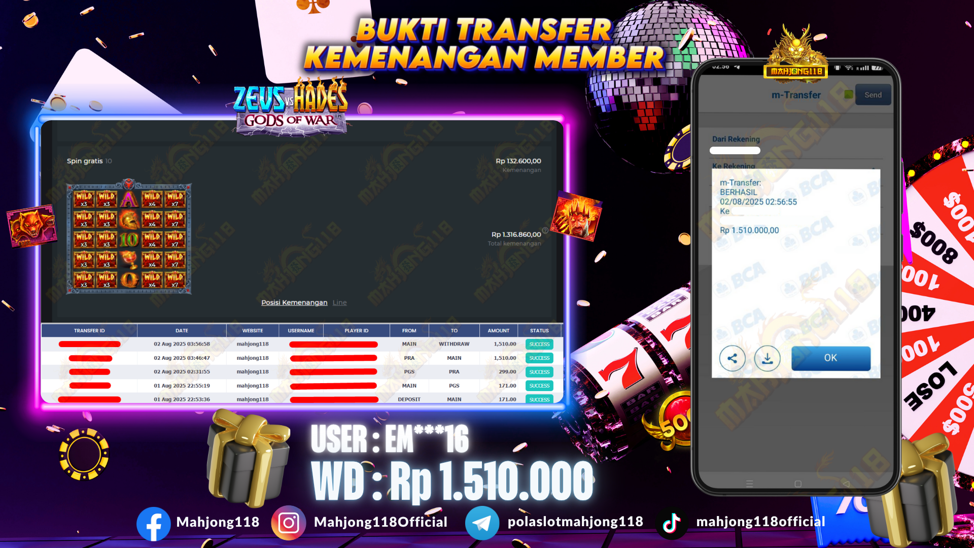 MAHJONG118 JACKPOT SLOT Zeus vs Hades - Gods of War Rp 1.510.000,– LUNAS