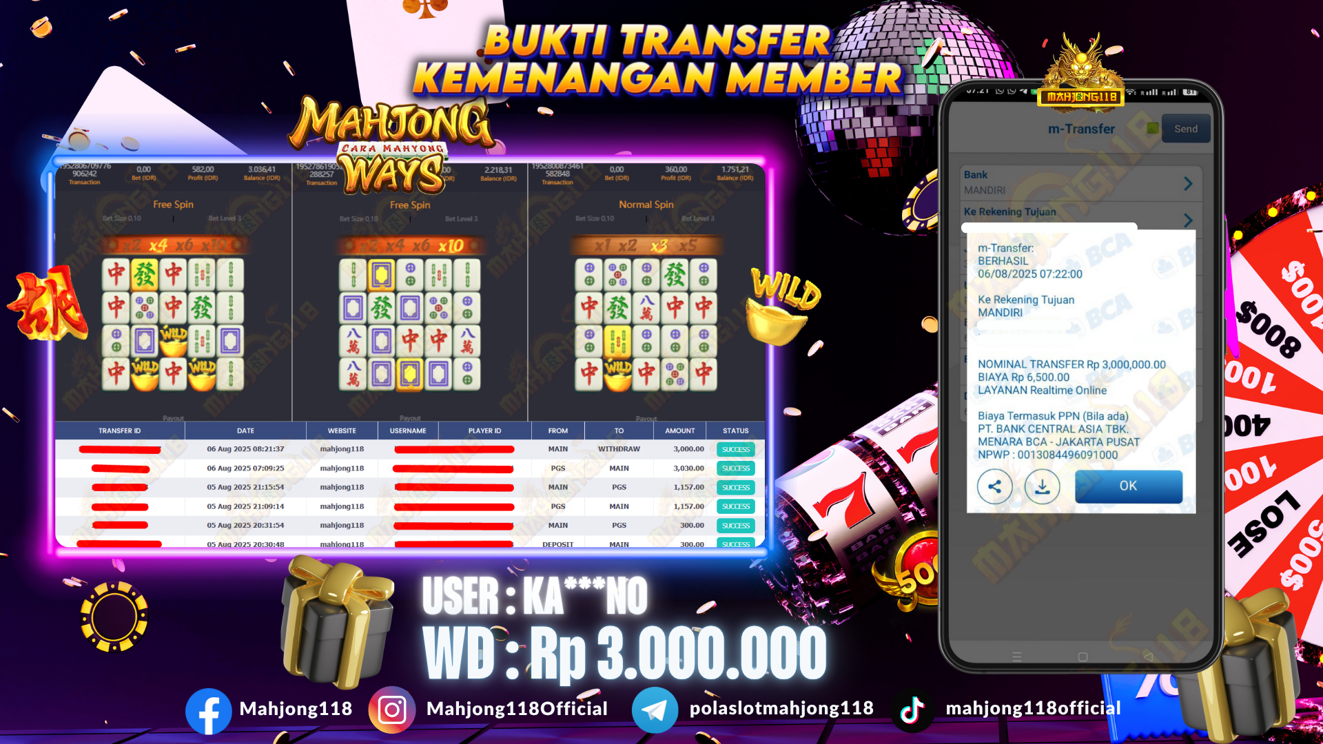 MAHJONG118 JACKPOT SLOT Mahjong Ways  Rp 3.000.000,– LUNAS