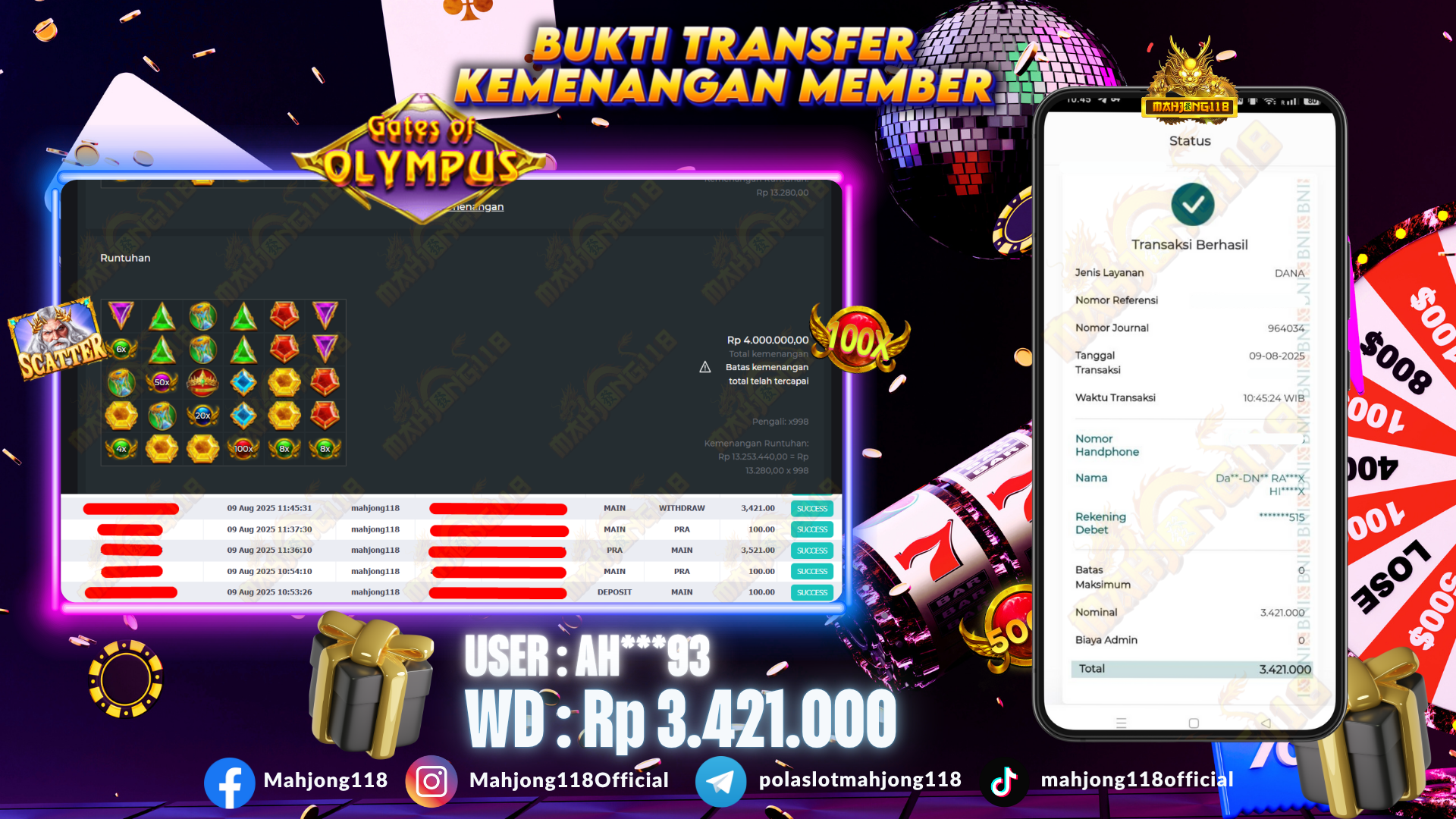 MAHJONG118 JACKPOT SLOT Gates of Olympus  Rp 3.421.000,– LUNAS