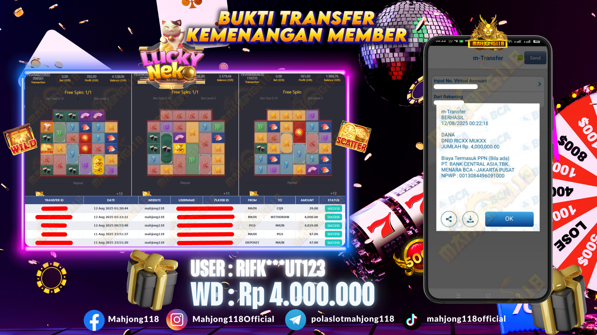 MAHJONG118 JACKPOT SLOT Lucky Neko  Rp 4.000.000,– LUNAS