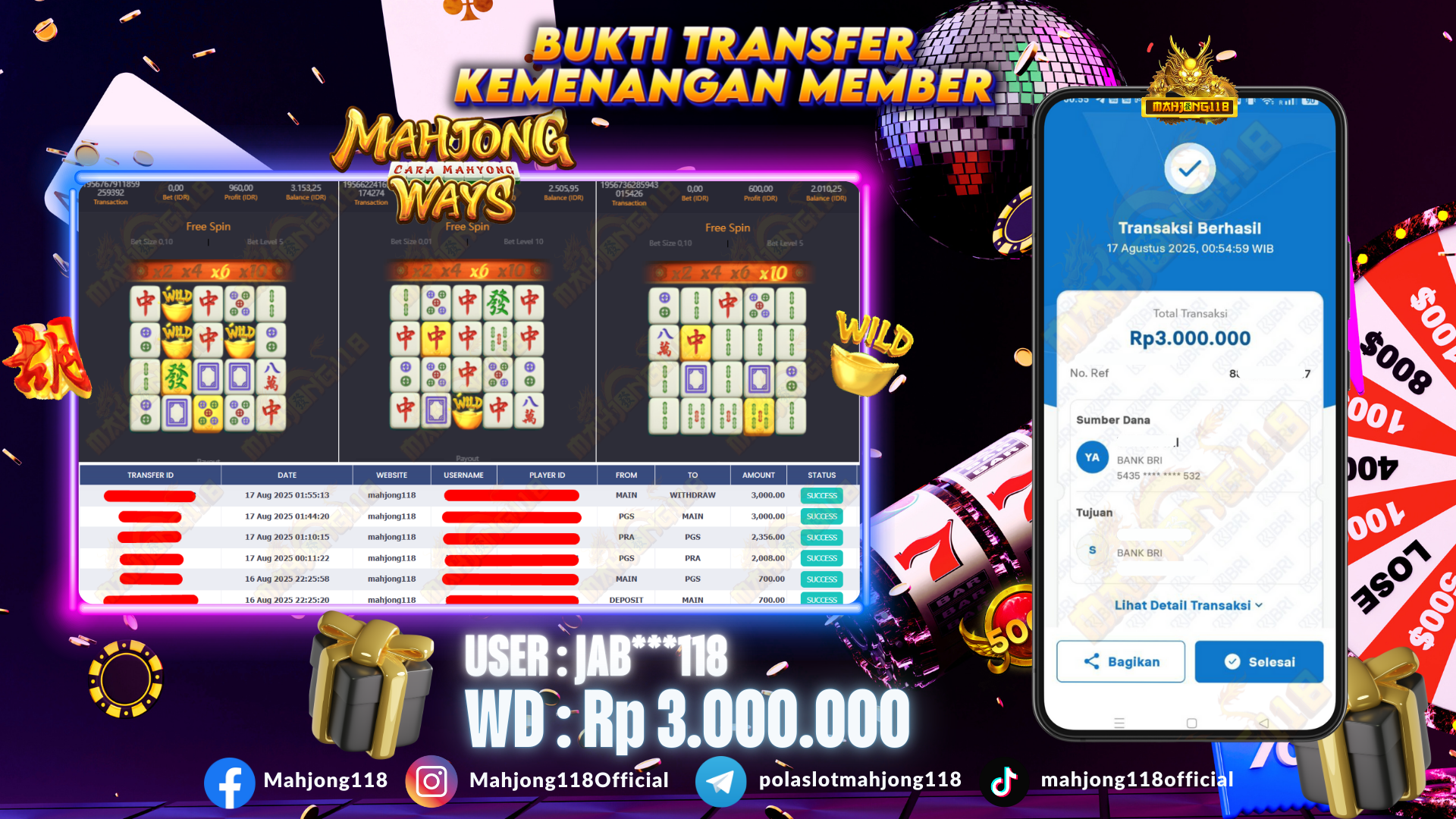 MAHJONG118 JACKPOT SLOT Mahjong Ways  Rp 3.000.000,– LUNAS