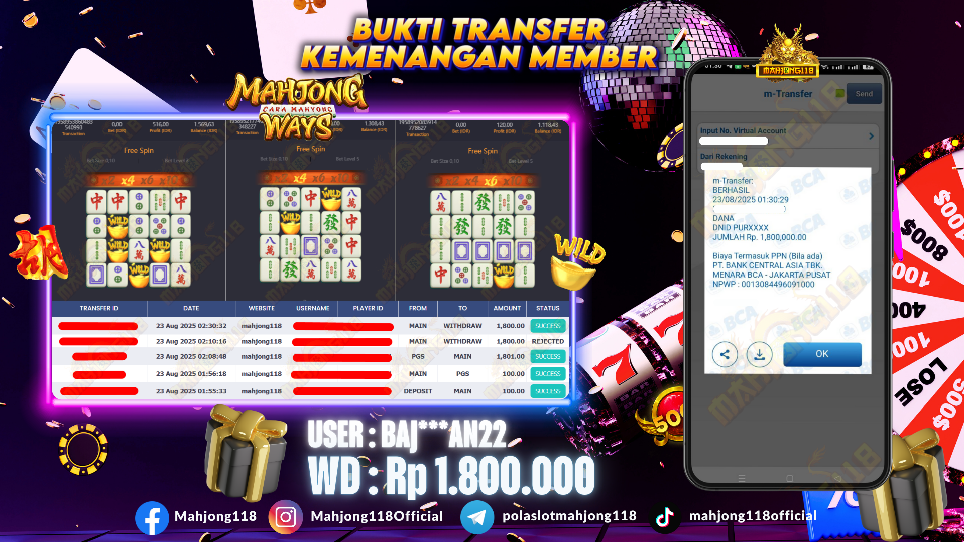 MAHJONG118 JACKPOT SLOT Mahjong Ways  Rp 1.800.000,– LUNAS