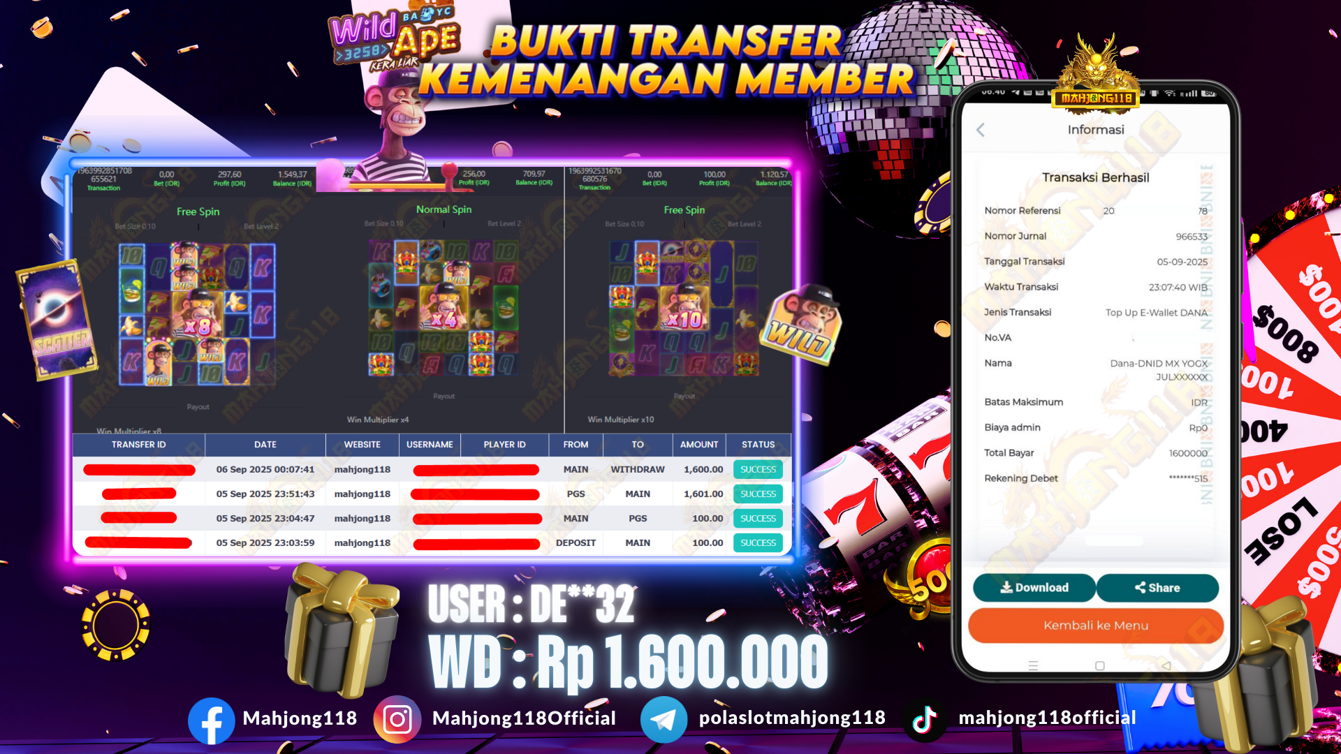 MAHJONG118 JACKPOT SLOT Wild Ape Rp 1.600.000,– LUNAS