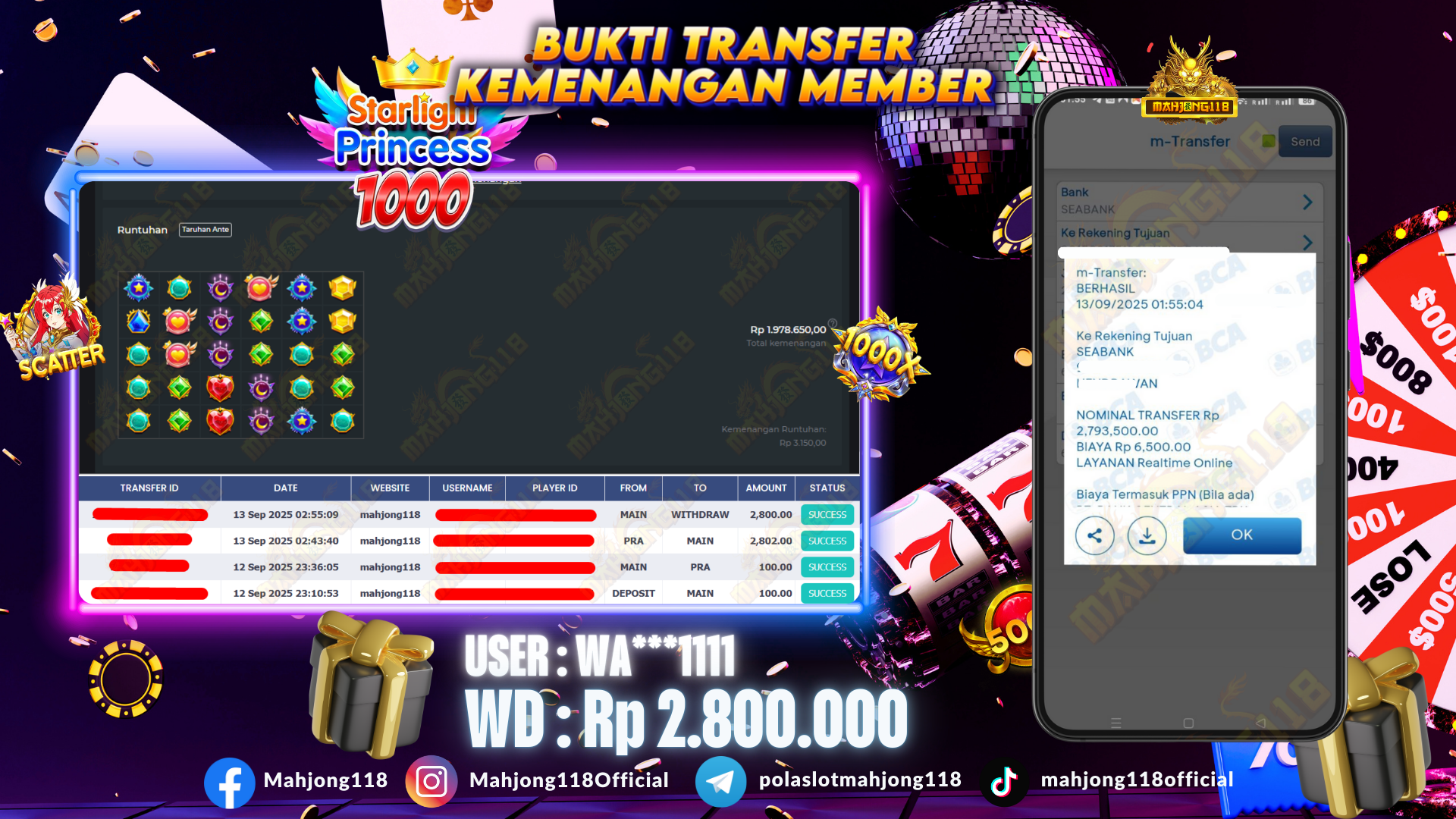 MAHJONG118 JACKPOT SLOT Starlight Princess 1000 Rp 2.800.000,– LUNAS