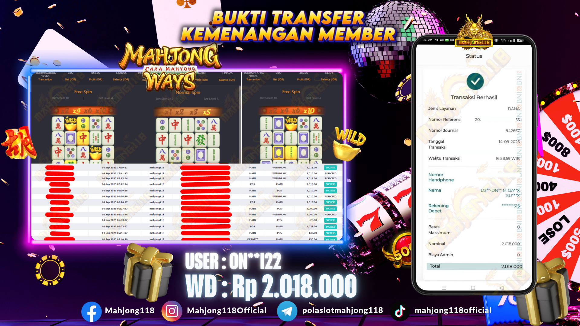 MAHJONG118 JACKPOT SLOT Mahjong Ways  Rp 2.018.000,– LUNAS