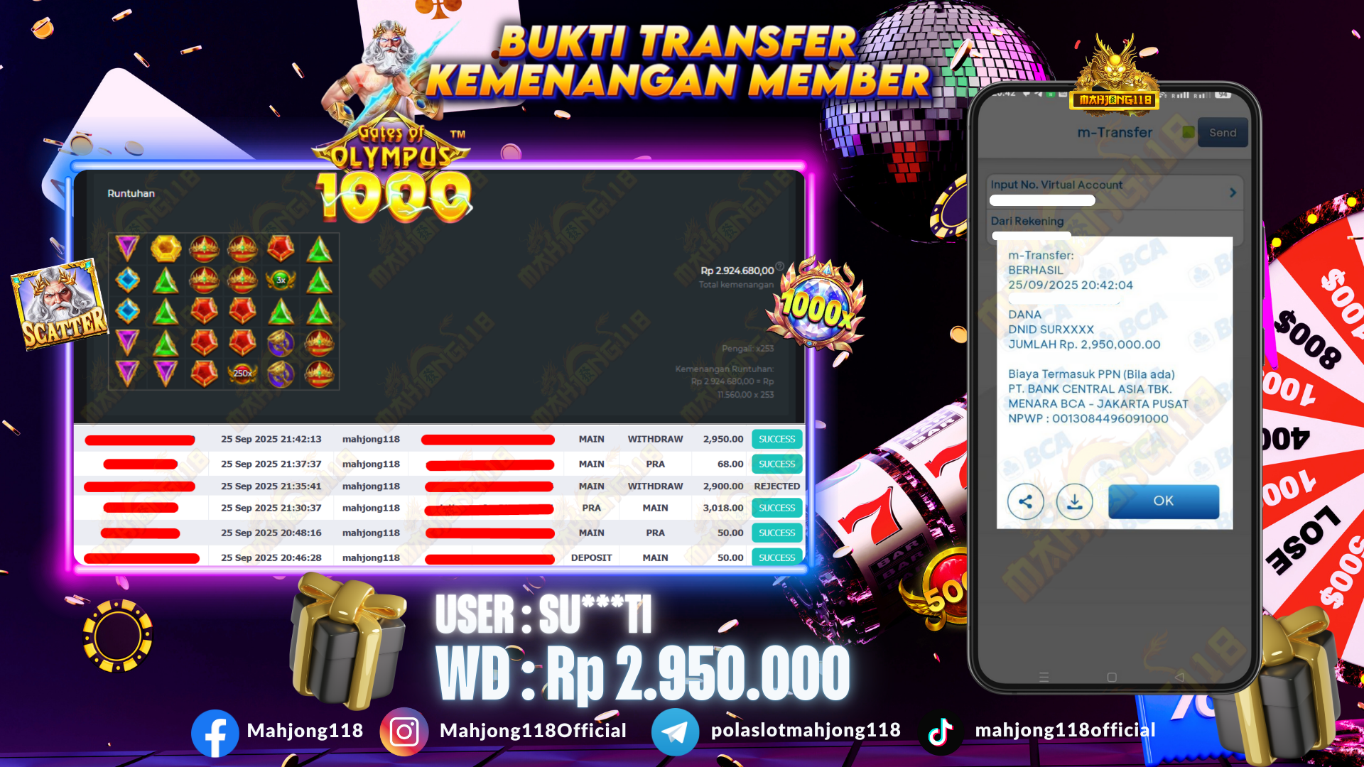 MAHJONG118 JACKPOT SLOT Gates of Olympus 1000 Rp 2.950.000,– LUNAS