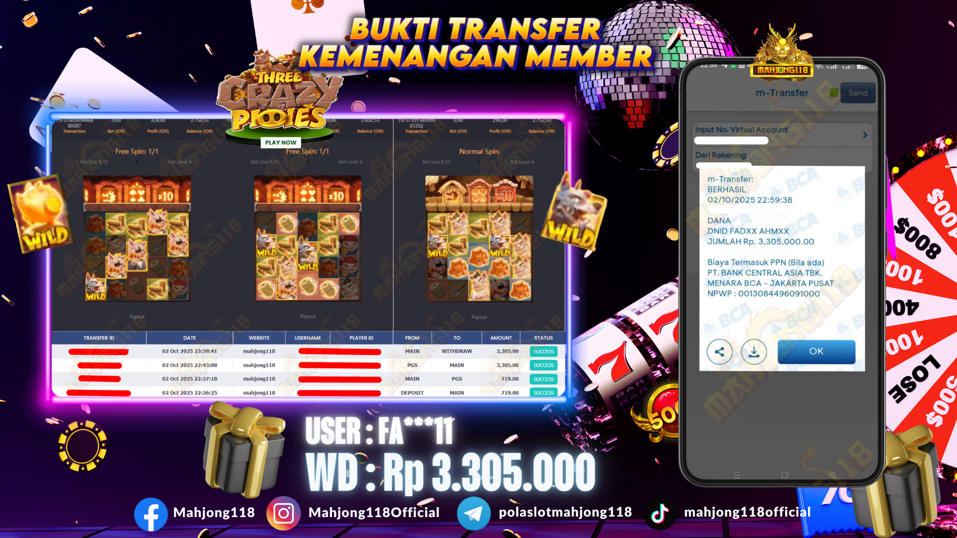 MAHJONG118 JACKPOT SLOT Three Crazy Piggies Rp 3.305.000,– LUNAS