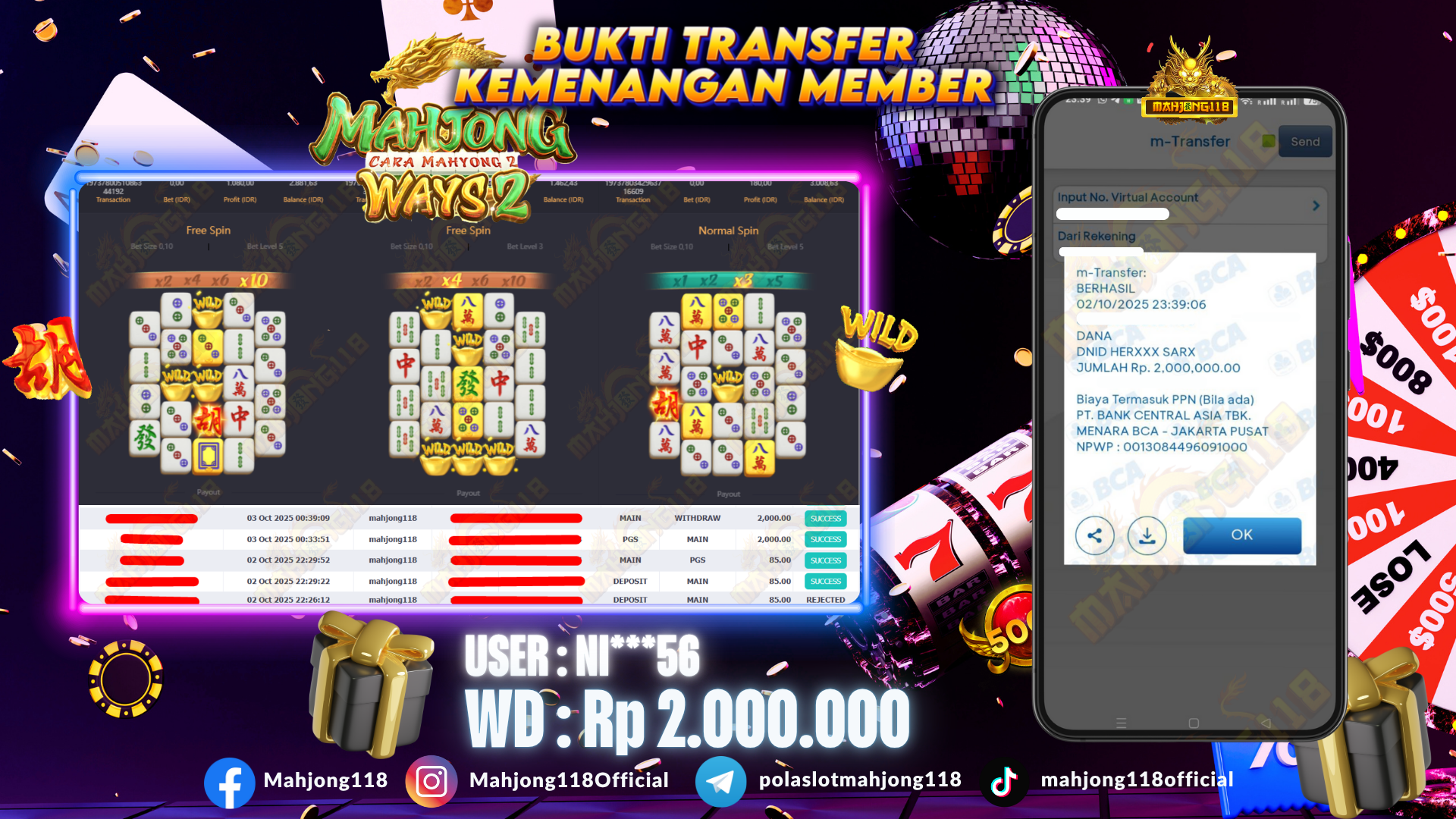 MAHJONG118 JACKPOT SLOT Mahjong Ways2  Rp 2.000.000,– LUNAS