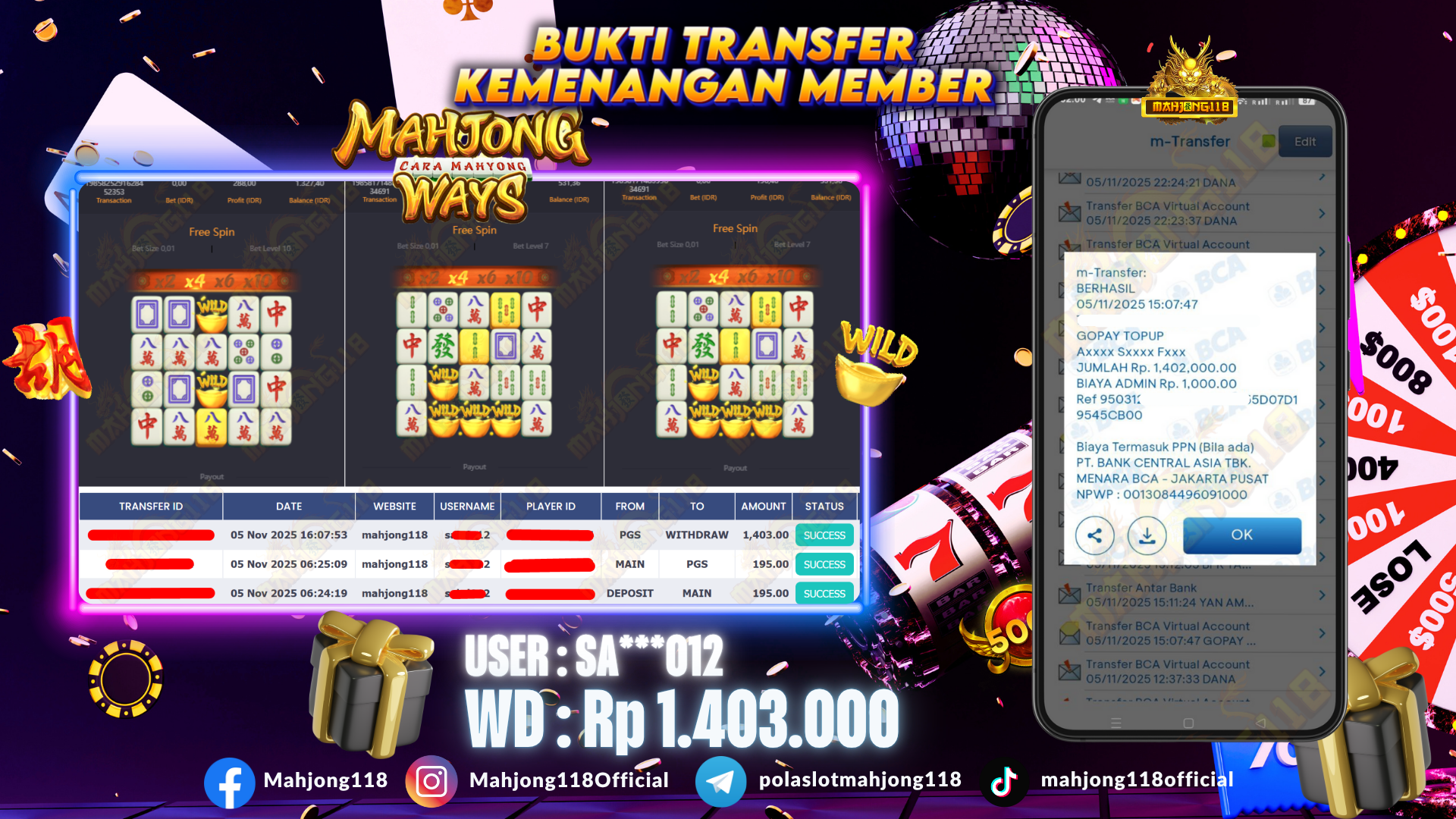 MAHJONG118 JACKPOT SLOT Mahjong Ways  Rp 1.403.000,– LUNAS