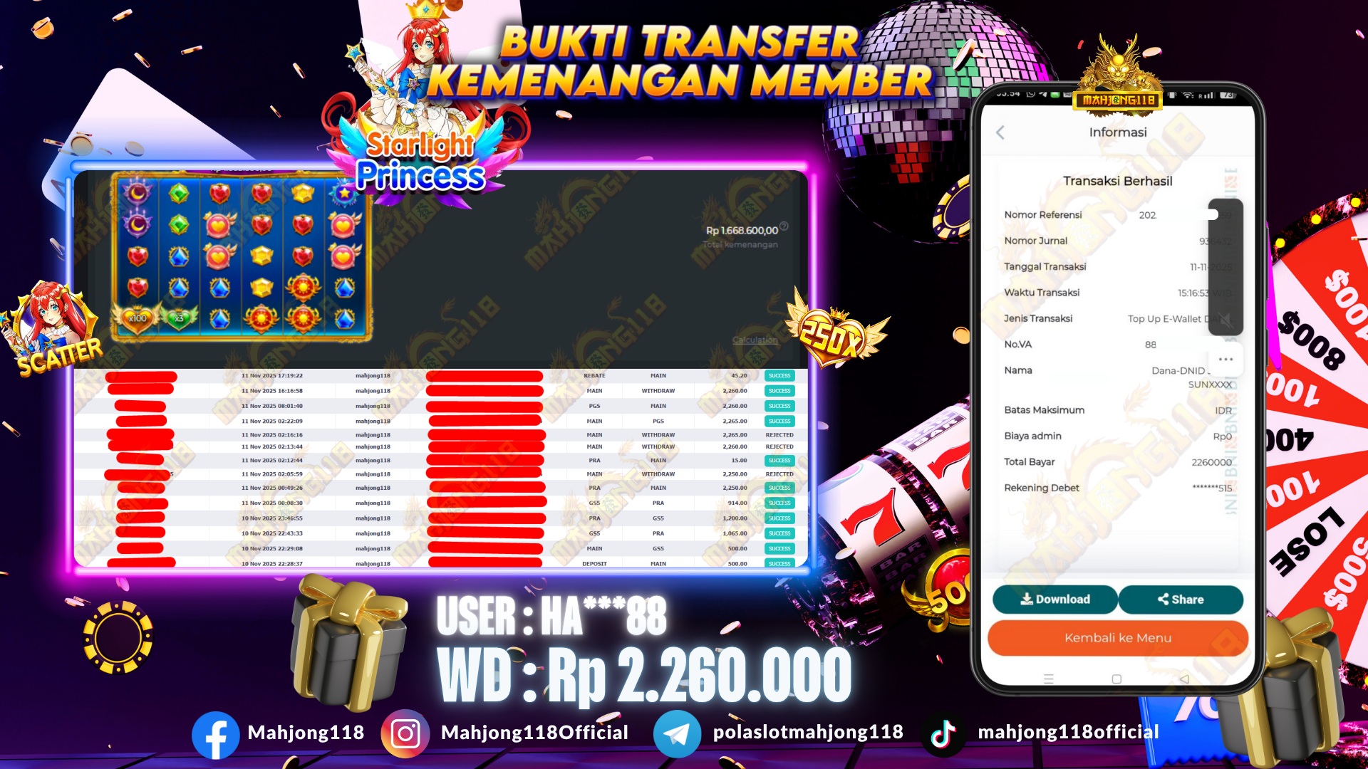MAHJONG118 JACKPOT SLOT Starlight Princess Super Scatter Rp 2.260.000,– LUNAS