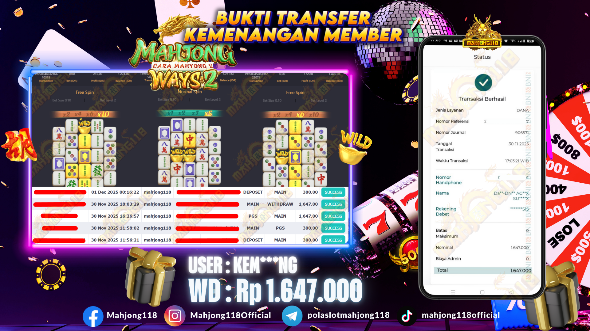 MAHJONG118 JACKPOT SLOT Mahjong Ways2  Rp 1.647.000,– LUNAS