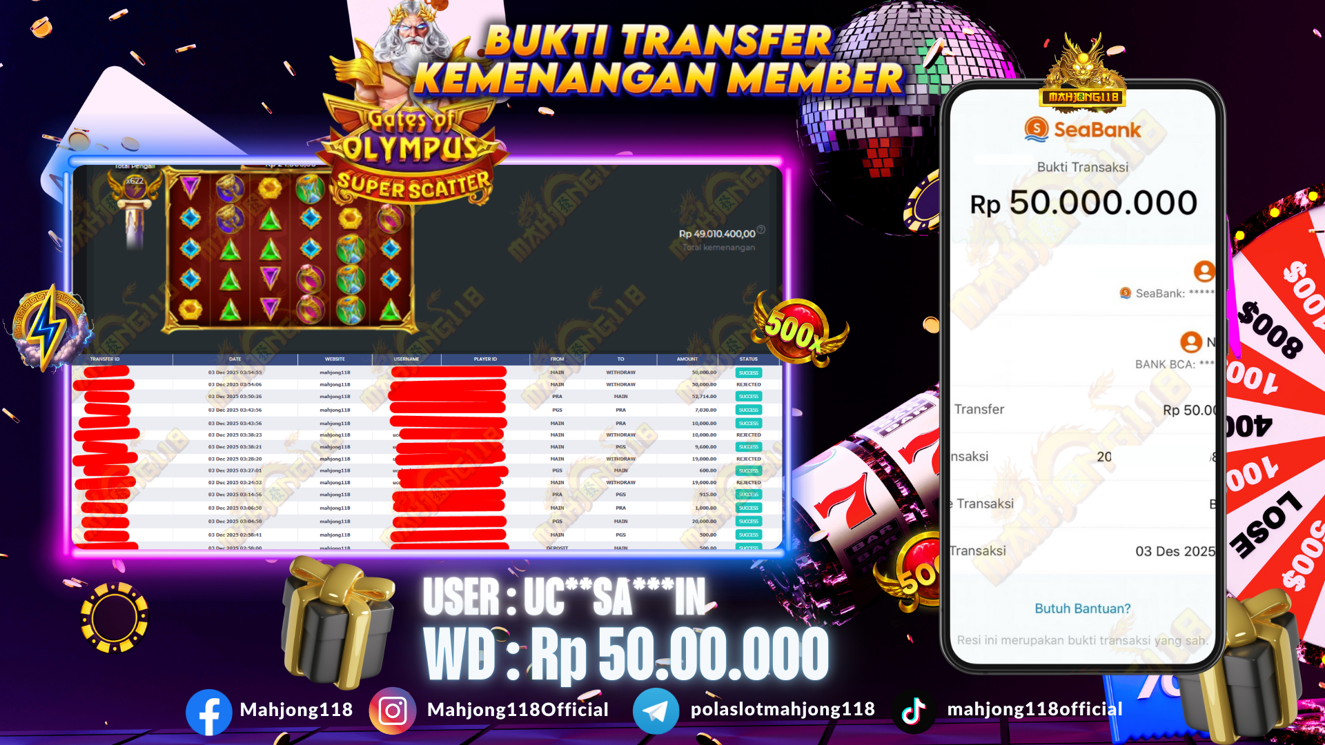 MAHJONG118 JACKPOT SLOT Gates of Olympus Super Scatter  Rp 50.000.000,– LUNAS